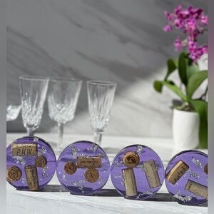 Set of 4 handmade translucent Purple Resin Coasters with Cork Accents and silver